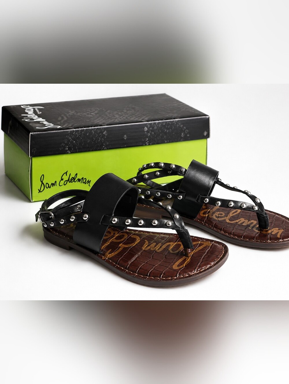 EUC Sam Edelman Black Leather Studded Toe-Loop Sandals with Brown Croc Footbed